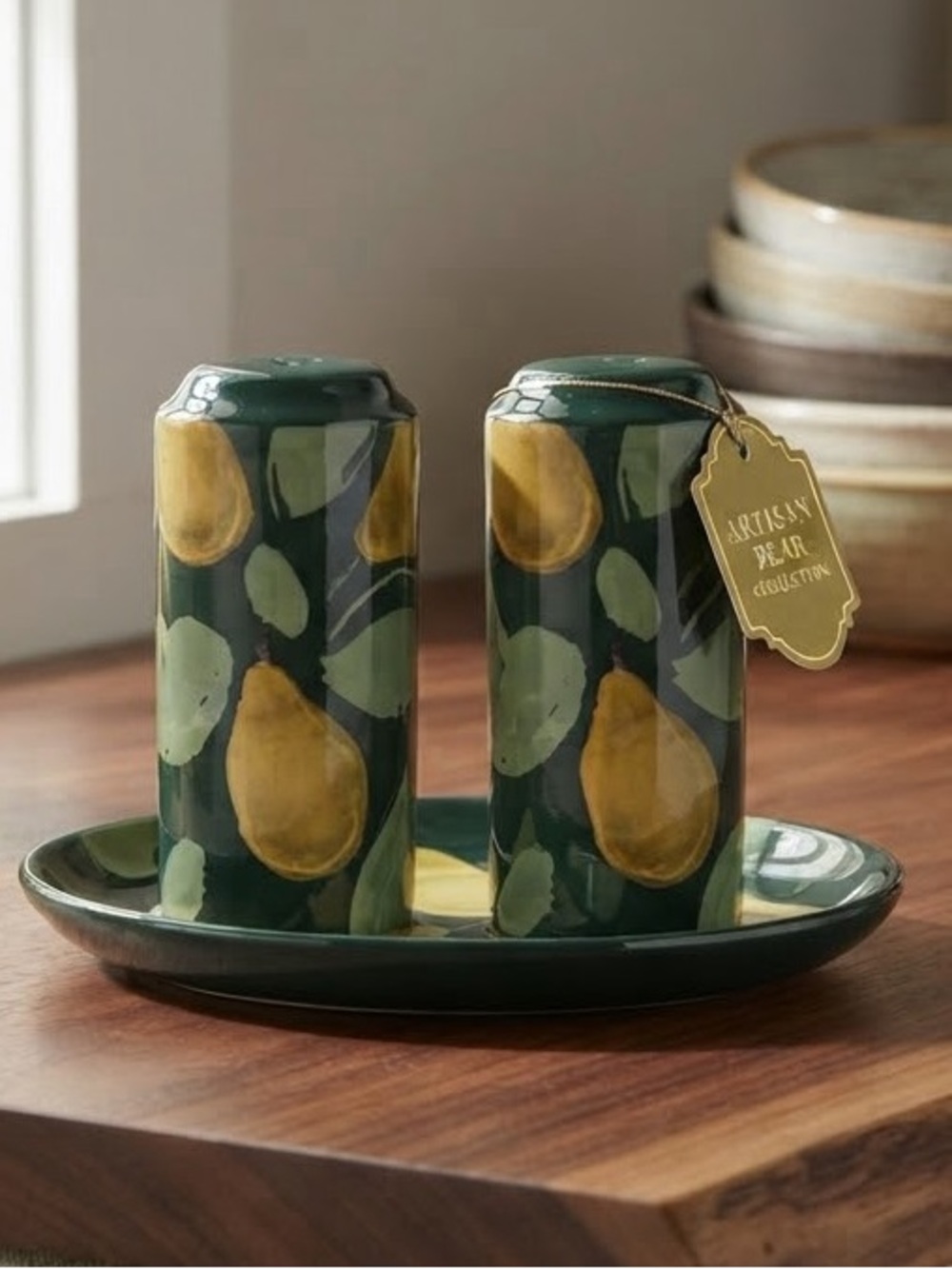Anthropologie Holly and Pear Salt & Pepper Shakers with Tray